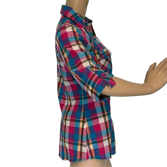 NEW Women's Passport Multicolor Plaid Shirt, Size M, Long Sleeve, Breast Pockets - Picture 2 of 5
